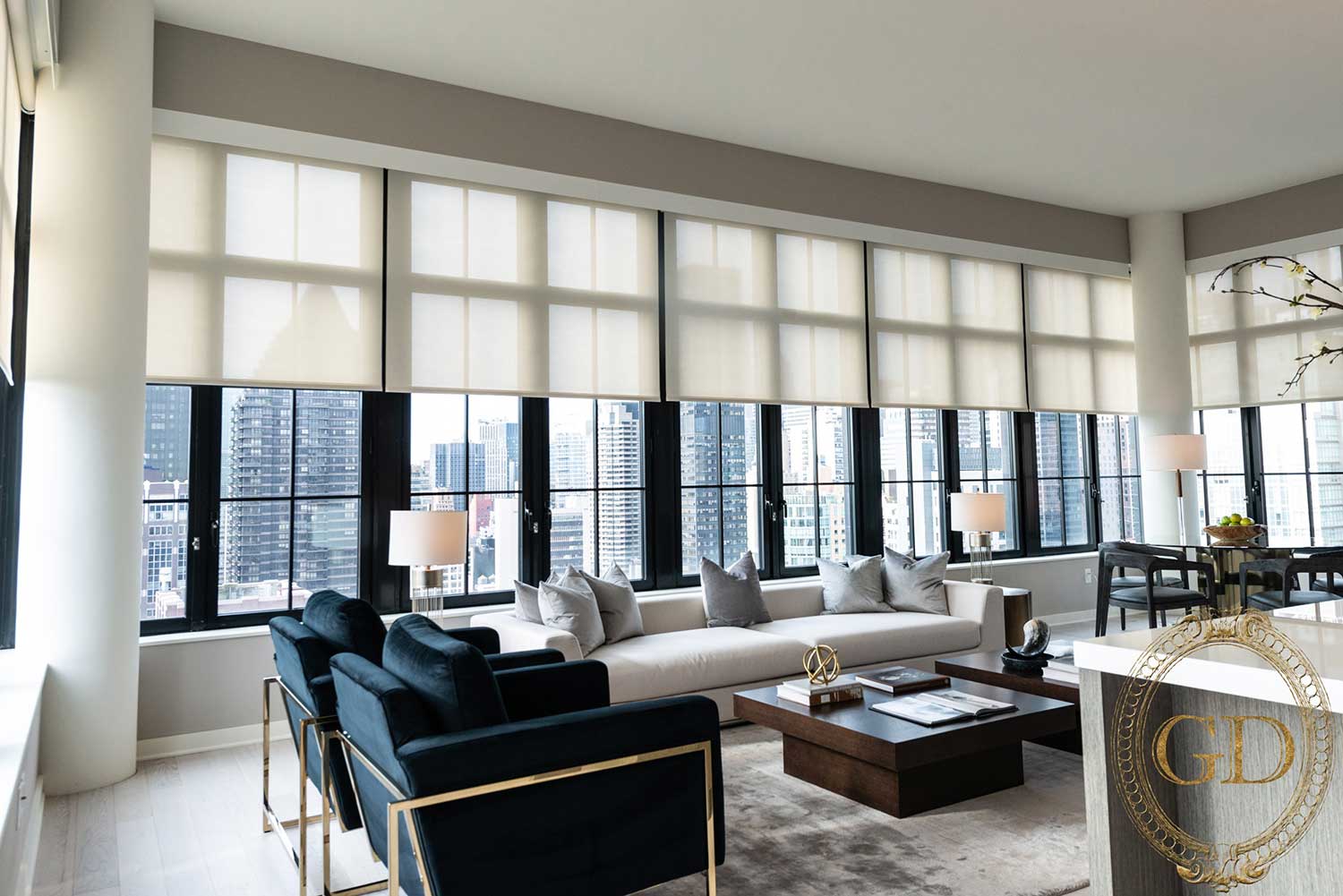 Somfy motorized roller shades in a Manhattan high-rise living room