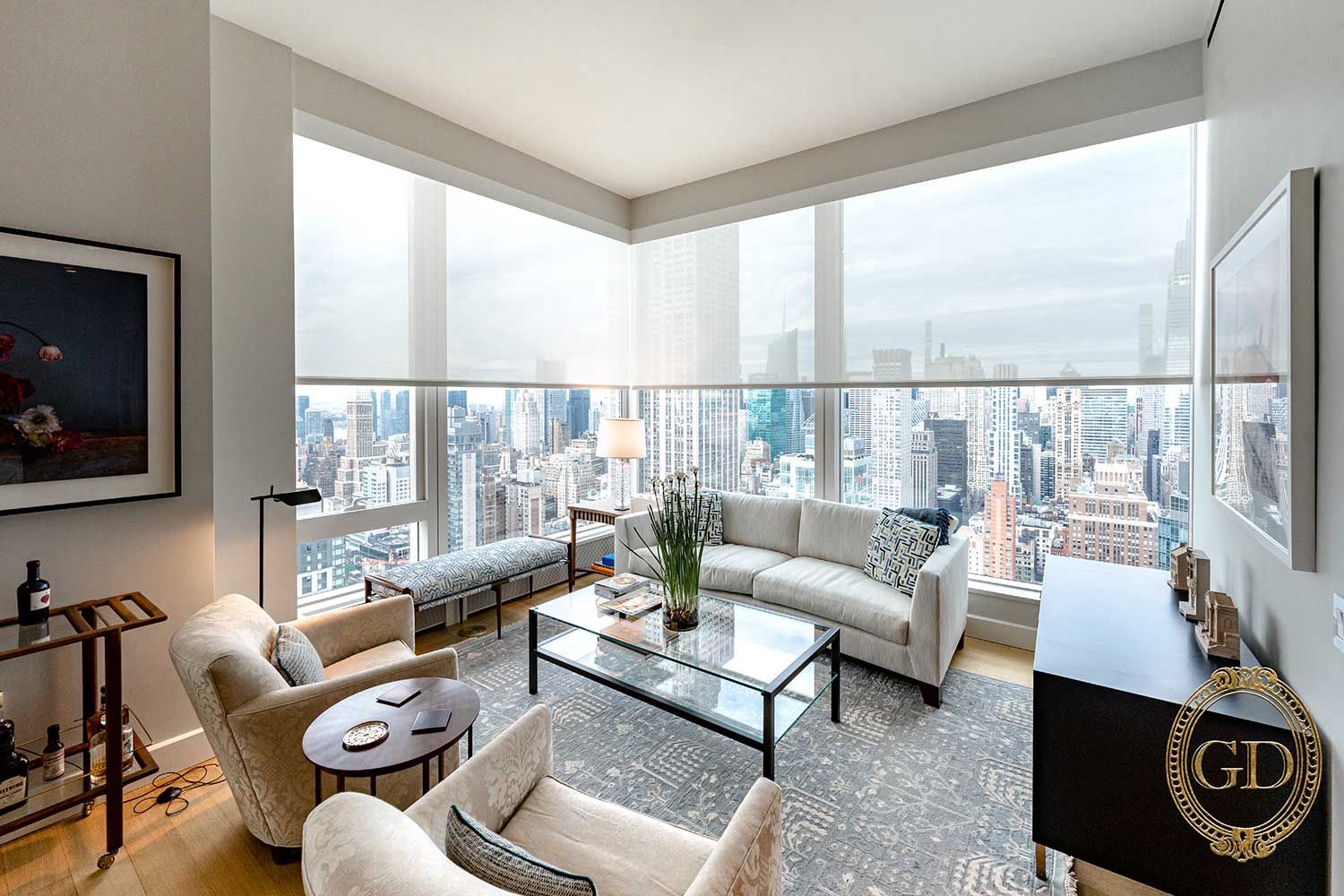 Retractable screens and shades on a great room
