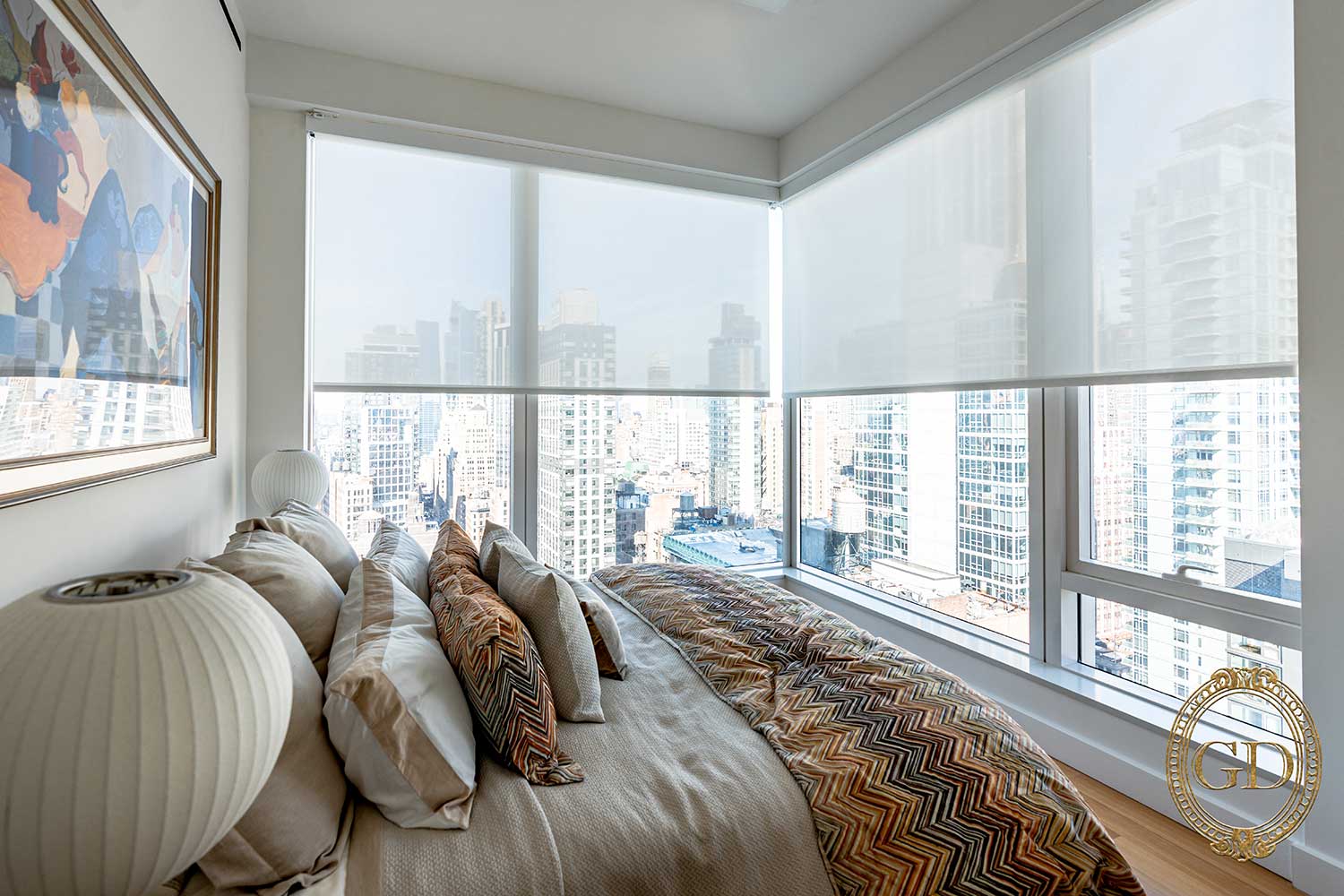 Tailored roller shades with clean architectural lines